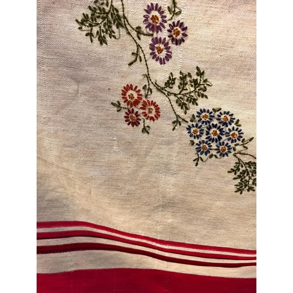 Vintage Red Striped Tablecloth with Embroidered Floral Center Motif